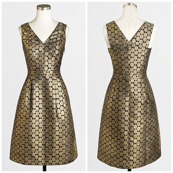 🆕 J. Crew Women's Gold Black Metallic Dot Jacquard V-Neck Dress Size 8 - Picture 1 of 6